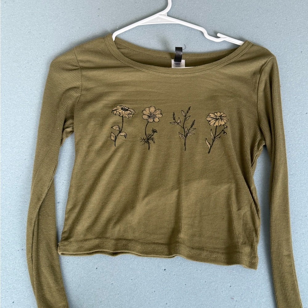 Floral Olive Green Long Sleeve Croptop
